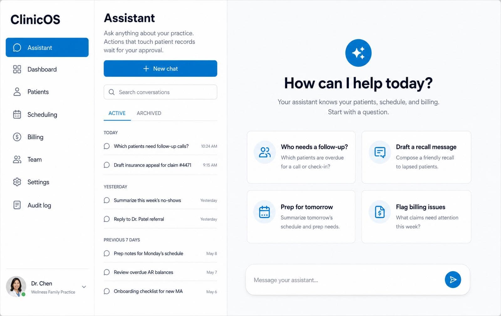 ClinicOS dashboard showing the patient queue, schedule, and revenue overview